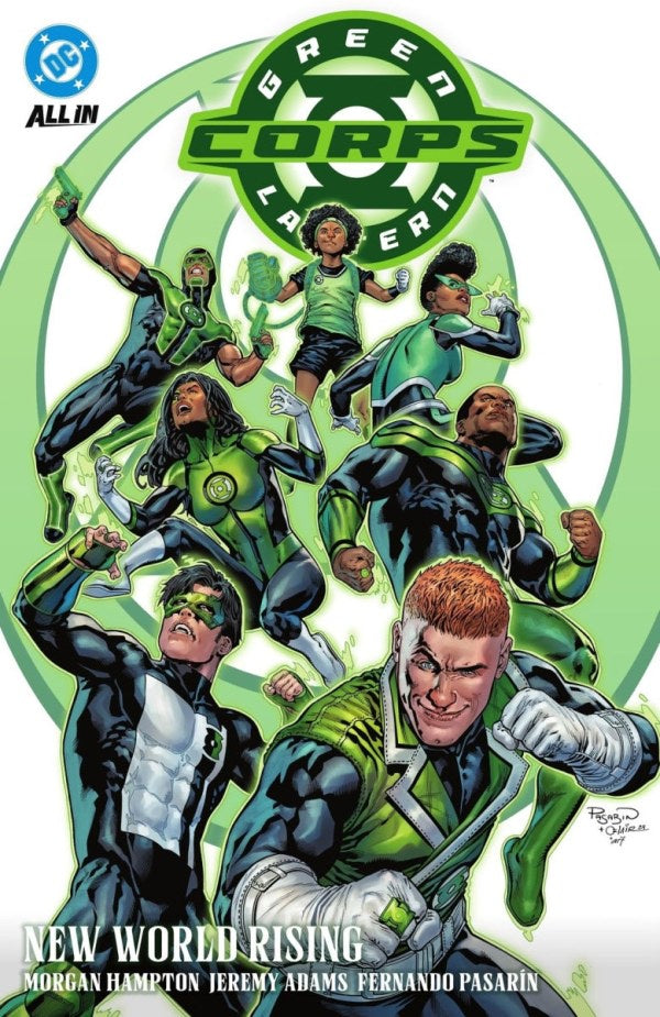 Comic book cover featuring Green Lantern Corps with a green logo and characters in action poses.