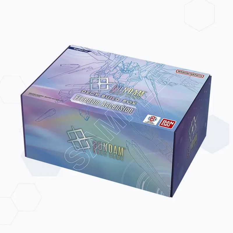 Bandai Namco Gundam Deck Build Box Freedom Invasion collectible card box, featuring a blue and purple holographic design with Gundam line art.