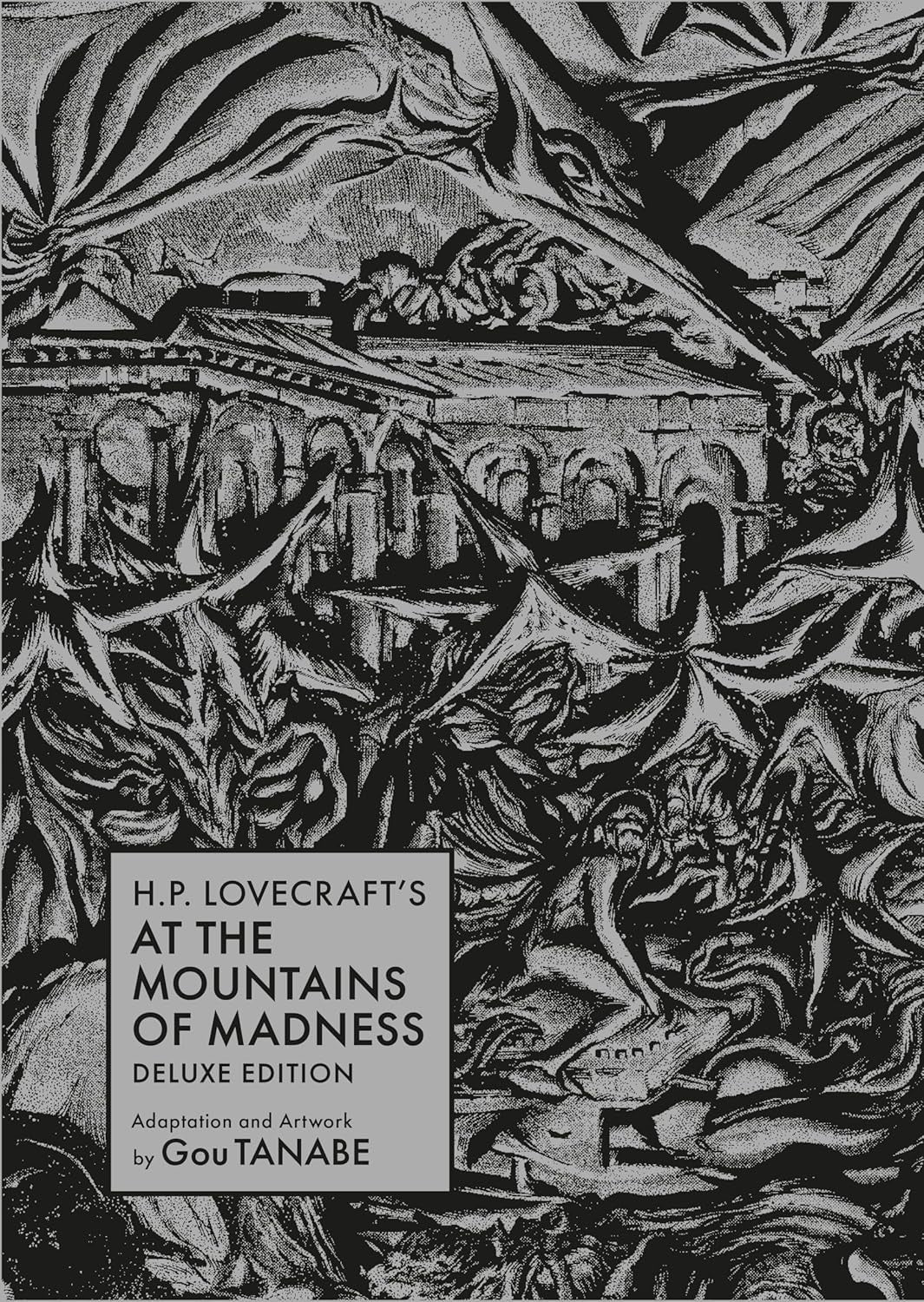 Cover of 'At the Mountains of Madness' by H.P. Lovecraft with artistic design elements.