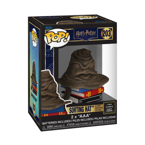 Funko Pop! Harry Potter Sorting Hat vinyl figure in its original window box packaging, featuring the brown wavy Sorting Hat on books with blue, red, and black spines.