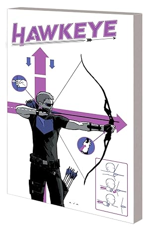 Comic book cover of Hawkeye with a purple and black color scheme.
