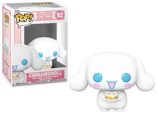 A Funko Pop! figurine of Sanrio's character Cinnamaroll, depicted with a dessert in its mouth, packaged in a box.