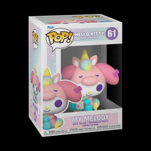 A boxed Funko Pop! figurine of Hello Kitty and My Melody, with Hello Kitty depicted in her iconic outfit and My Melody in a similar style but with a different facial expression and accessories.