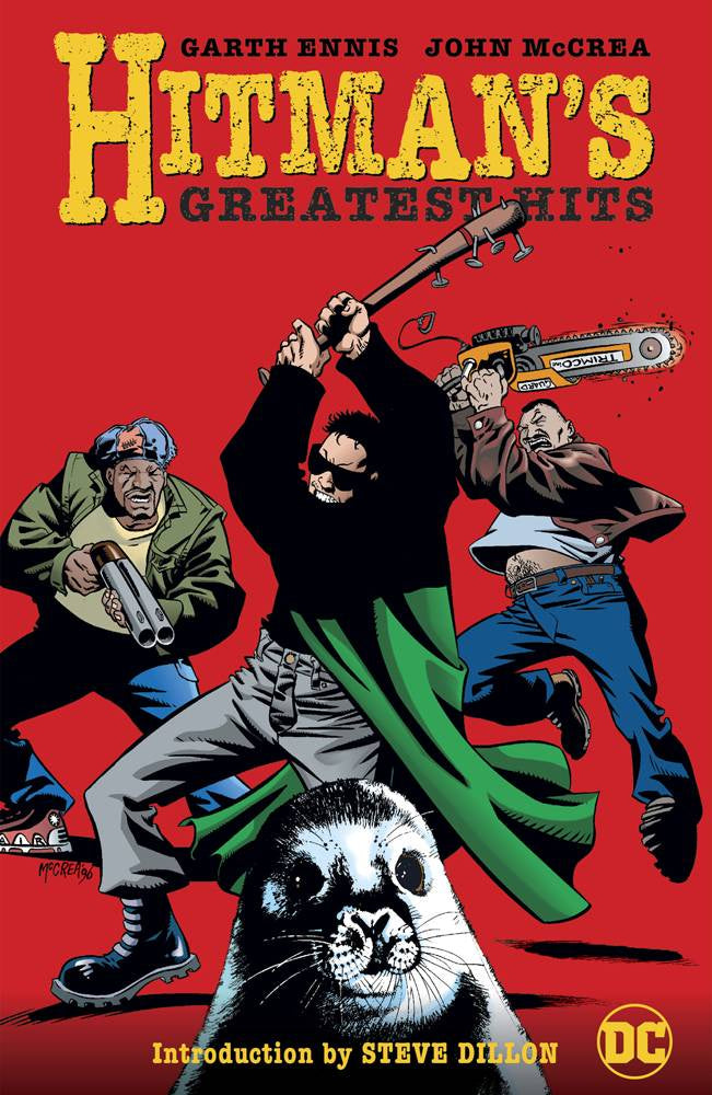 Comic book cover titled 'Hitman's Greatest Hits' with characters and a seal illustration on a red background.