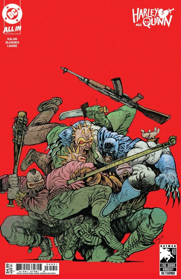 Comic book cover for DC's Harley Quinn #50, featuring a dynamic illustrated battle scene with Harley Quinn and other characters against a solid red background. The DC logo appears in the top-left corner, and the Harley Quinn title is visible in the top-right.