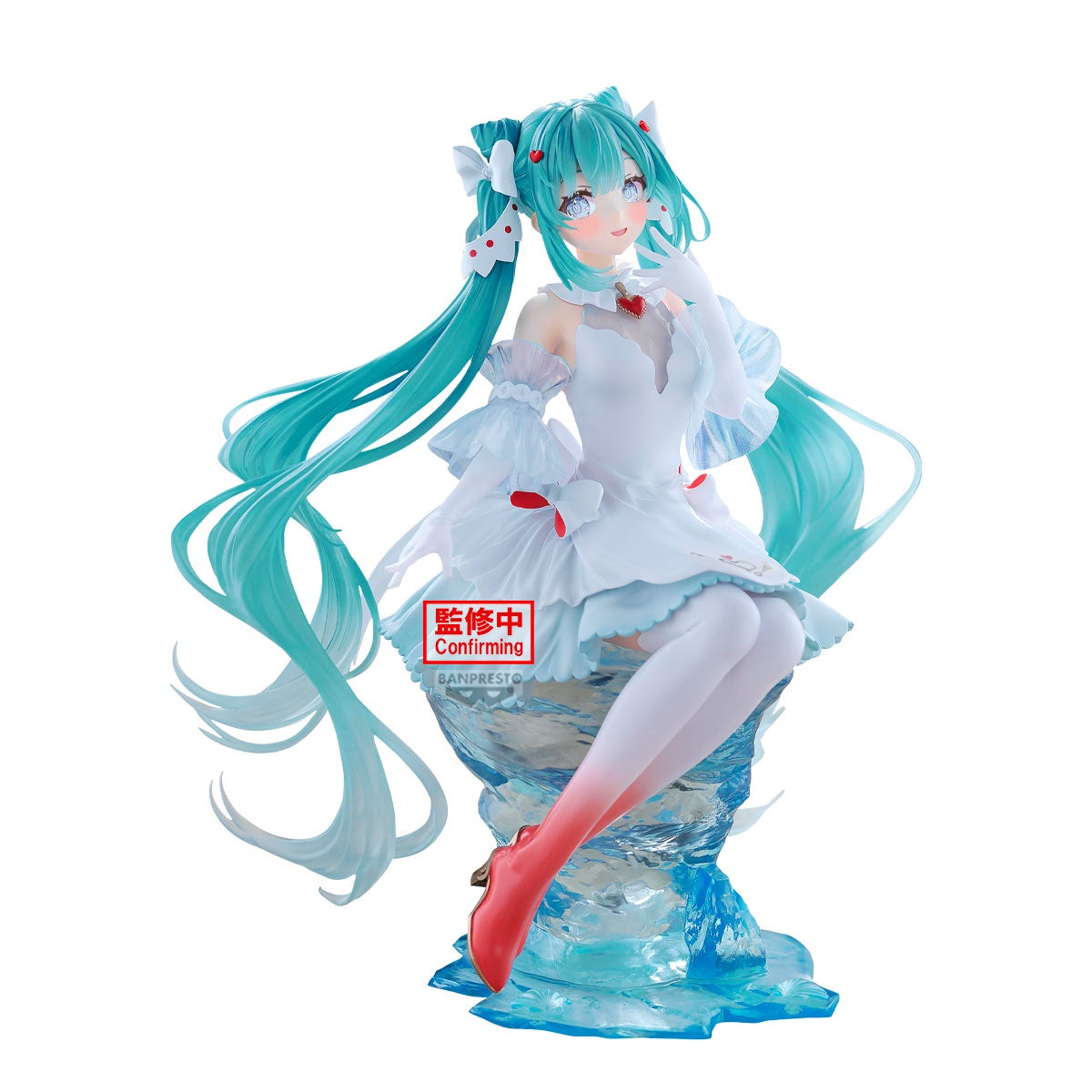 Anime character figurine with turquoise hair and white outfit on a white background