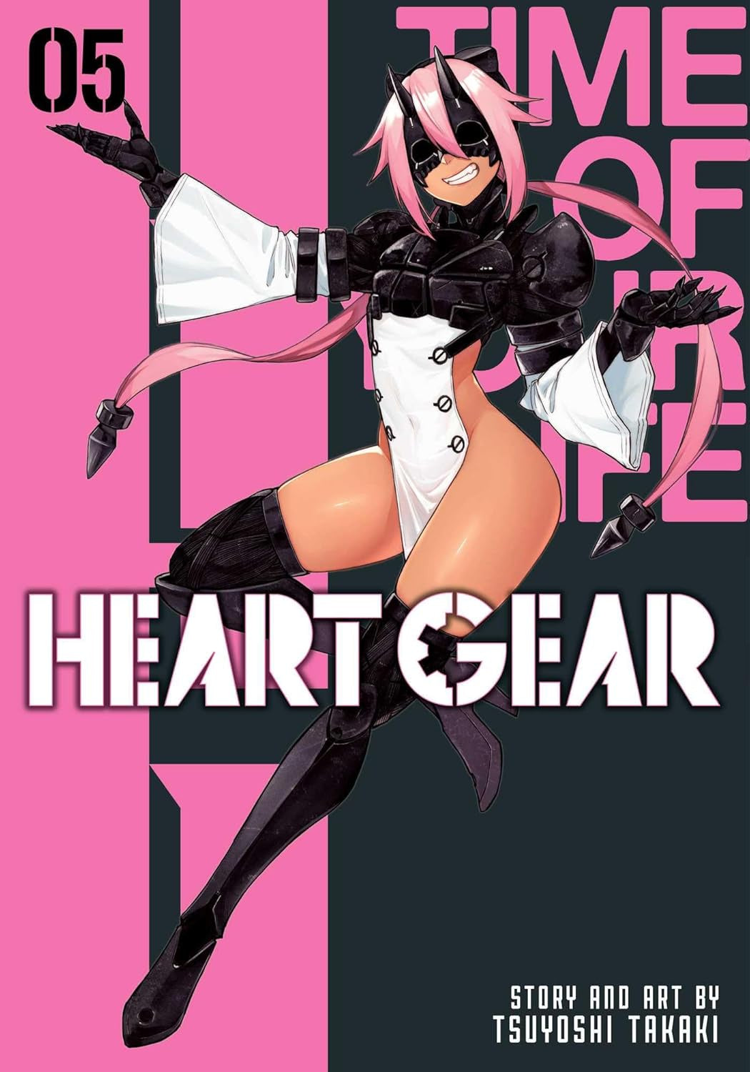 Cover of 'Heart Gear' with a character in a dynamic pose against a pink and black background