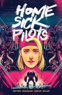 Book cover of 'Home Sick Pilots' with a stylized illustration of a person wearing a pink outfit and cap.
