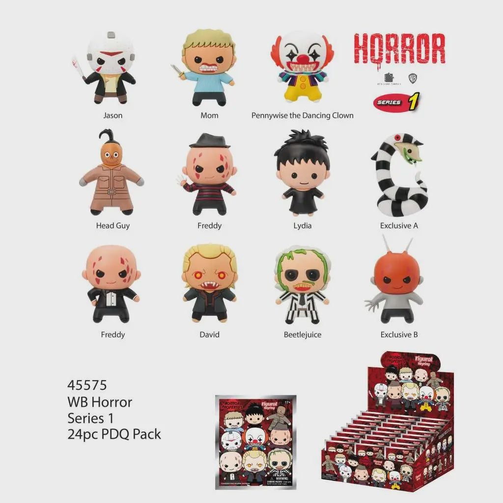 Collection of horror-themed figurines with packaging on a white background