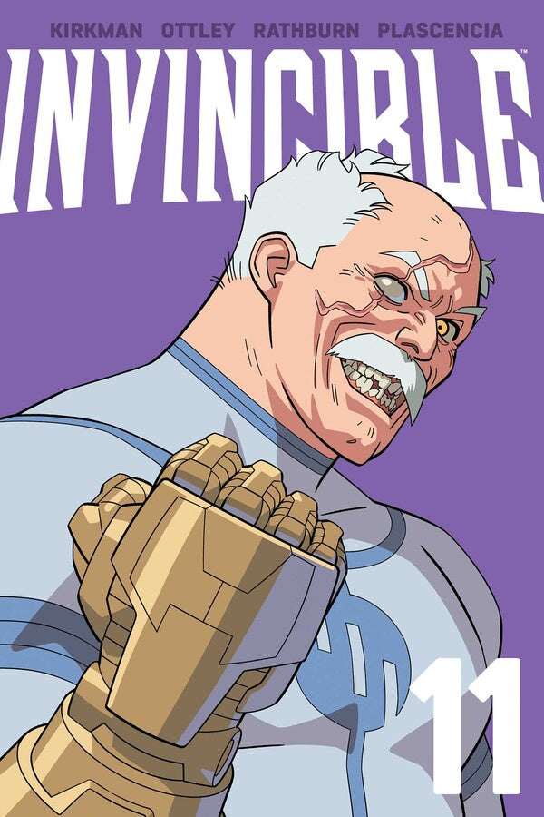 Comic book cover of 'Invincible' with a character holding a weapon on a purple background