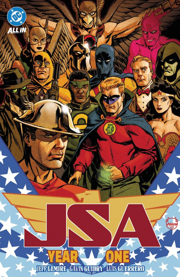 Comic book cover featuring superhero characters with 'JSA Year One' title