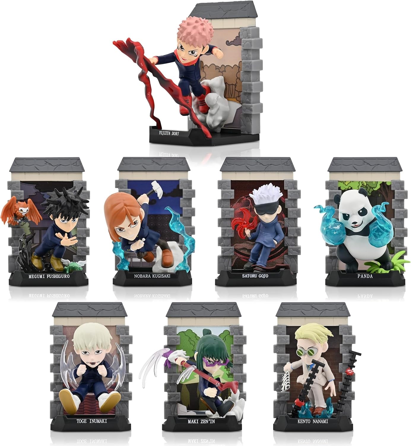 Set of small figurines in display stands on a white background