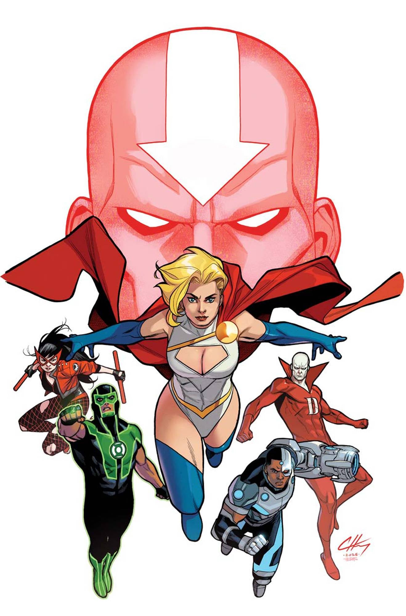 Illustration of superhero characters with a red-skinned figure in the background.