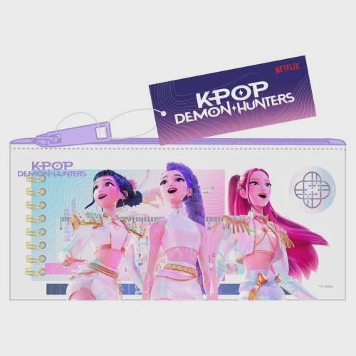 A K-POP 'Demon Hunters' themed notebook or planner cover with three illustrated female characters in pastel outfits, shown on a light gray background with a Netflix card above it.
