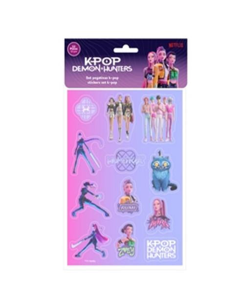 K-pop Demon Hunters temporary sticker pack featuring various character stickers on a pink and purple backing card, with a Netflix logo visible at the top.