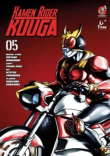 Kamen Rider Kuuga on a motorcycle with red background