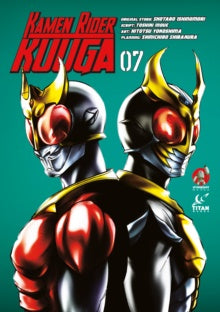 Kamen Rider Kuuga character with red eyes and metallic suit on a green background