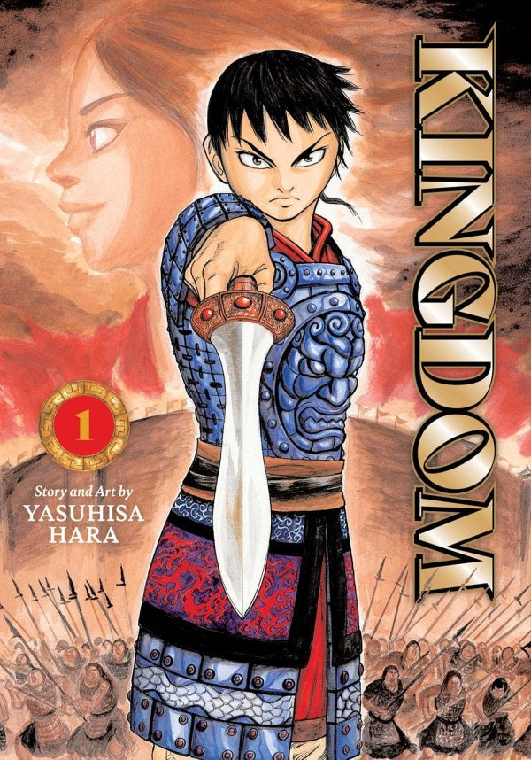 Comic book cover of 'Kingdom' with a character holding a sword and a woman in the background.