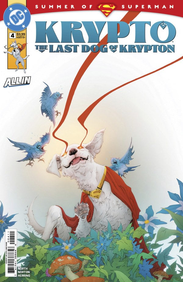 Comic book cover featuring Krypto the dog from Superman with a red cape and blue birds.