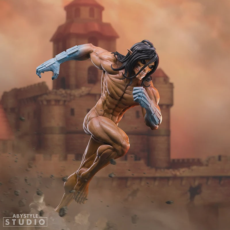 Action figure of a muscular character with a weapon in front of a castle-like structure.