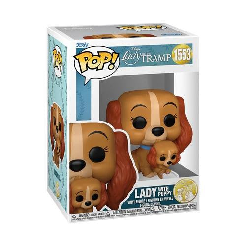 Funko Pop! Disney's Lady and the Tramp figurine, featuring Lady with a puppy in her arms.