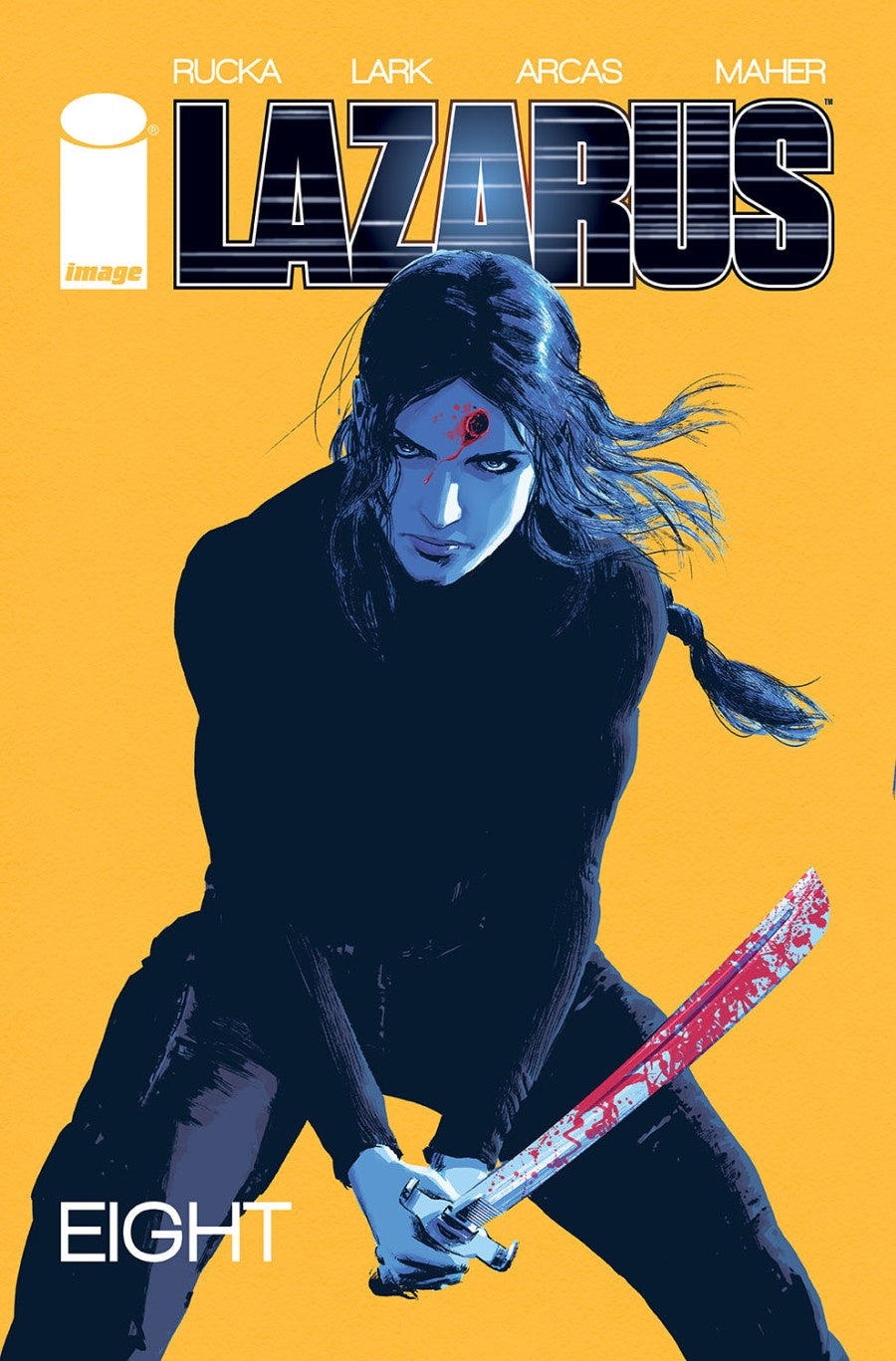 Comic book cover of 'Lazarus' with a character holding a weapon on an orange background