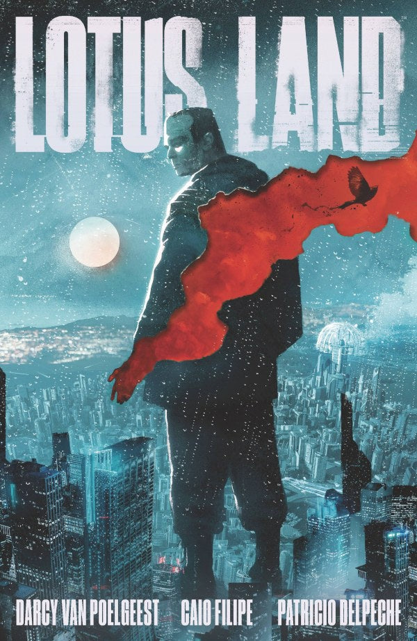 Book cover of 'Lotus Land' with a figure holding red liquid against a cityscape background.