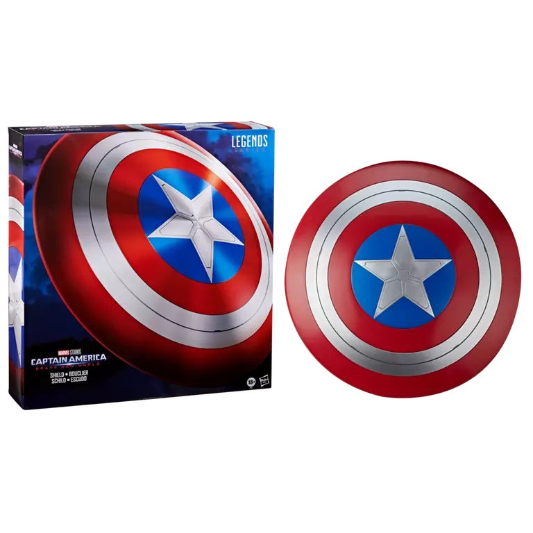 A replica of Captain America's shield from the Marvel Cinematic Universe, featuring a red, white, and blue color scheme with a star design, displayed next to its packaging.