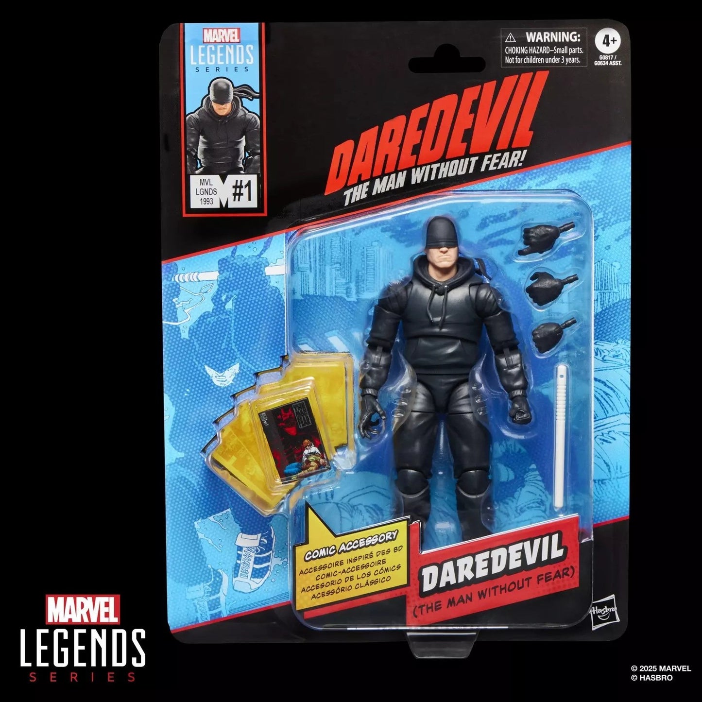Marvel Legends Daredevil action figure in packaging with blue and black background