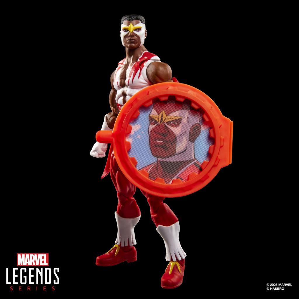 Marvel Legends action figure with shield featuring character portrait on a black background