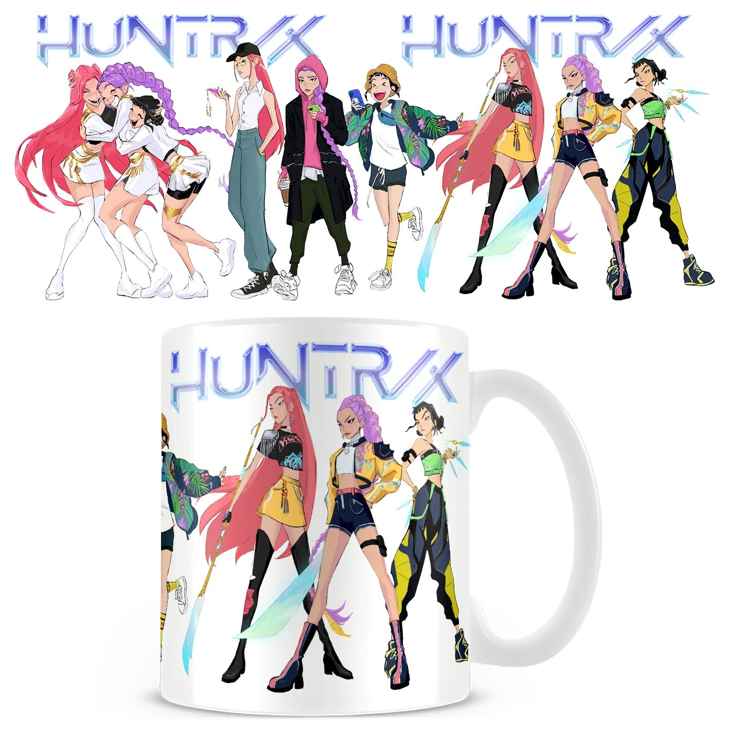 Mug with 'HUNTRX' character design on a white background