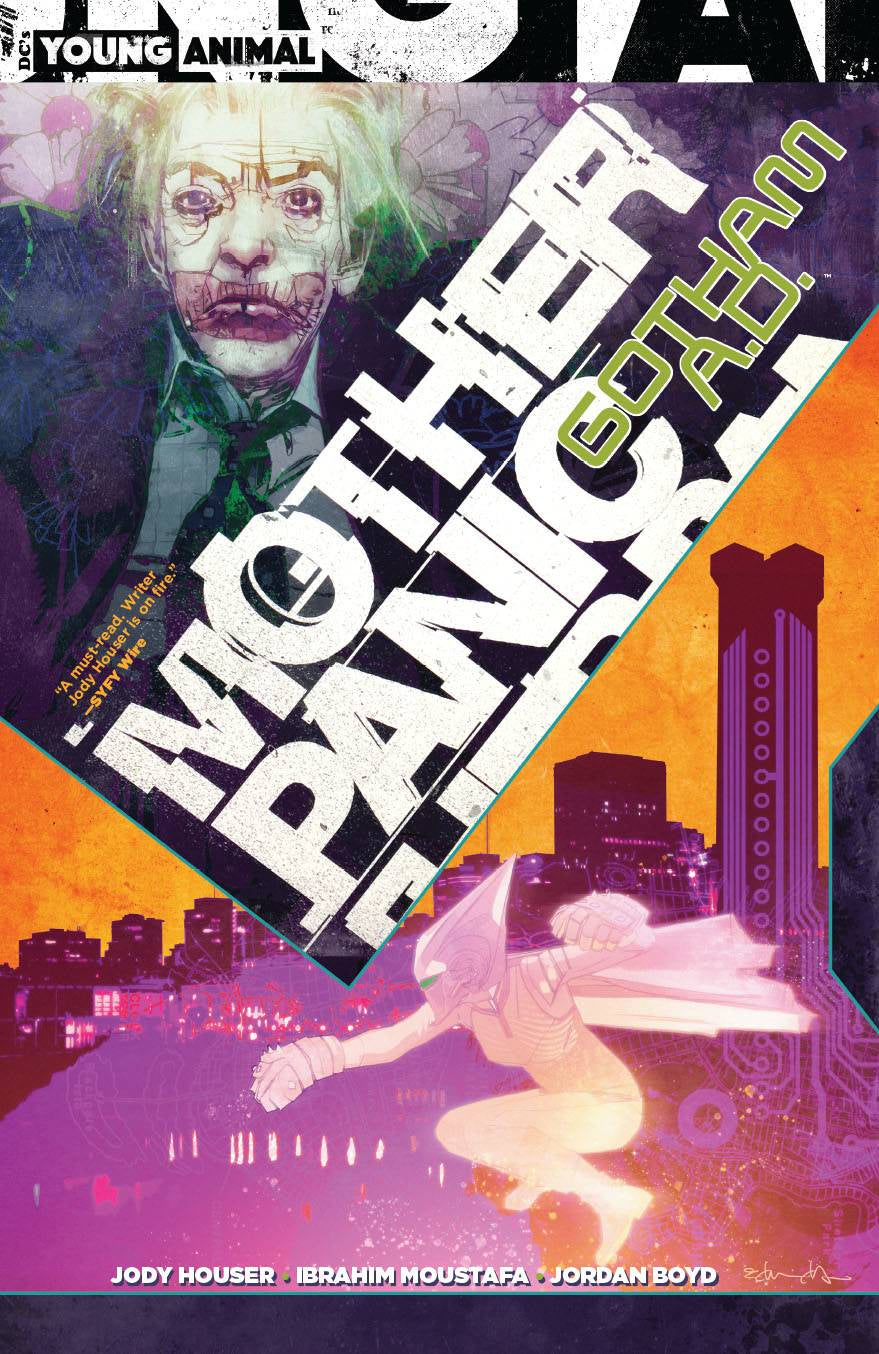 Comic book cover with stylized text and characters, featuring a colorful cityscape.