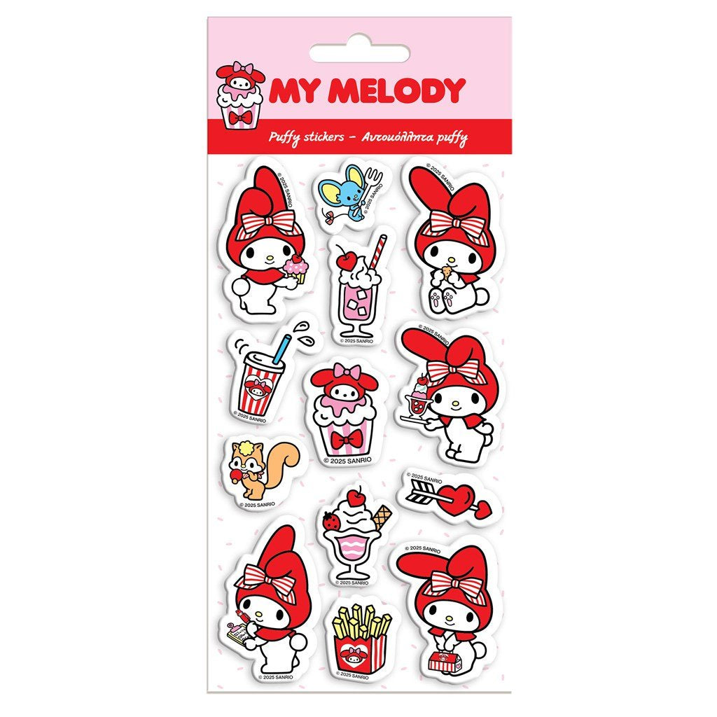 Sheet of 'My Melody' puffy stickers with various poses on a pink backing.