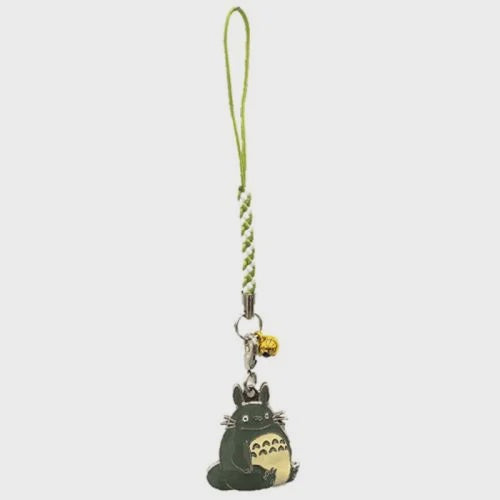 A Totoro phone strap charm featuring a green and white braided cord, a small gold bell, and a detailed green and cream Totoro character charm, shown against a plain white background.