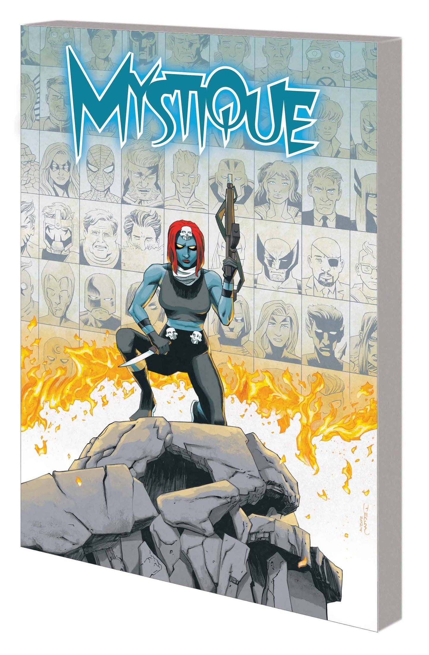 Comic book cover featuring a character with red hair and a weapon, standing on a rock with flames in the background.