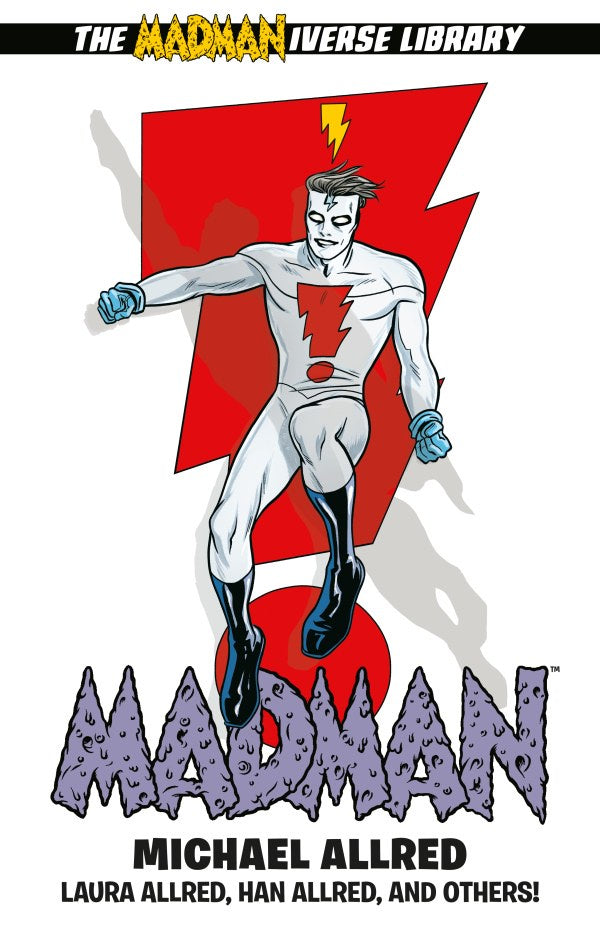 Comic book cover featuring a superhero character with a red and white design, titled 'The Madman Iverse Library'.