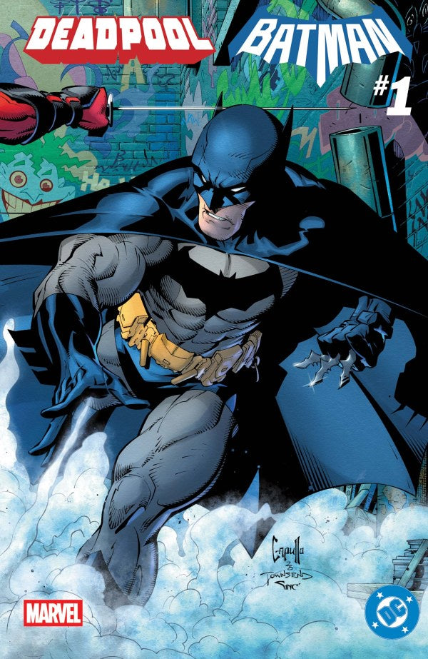 Comic book cover featuring Batman and Deadpool with Marvel and DC logos.