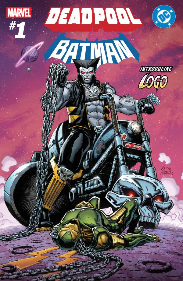 Comic book cover featuring a character, who is a mix between Lobo and Wolverine, on a motorcycle with a red and purple background