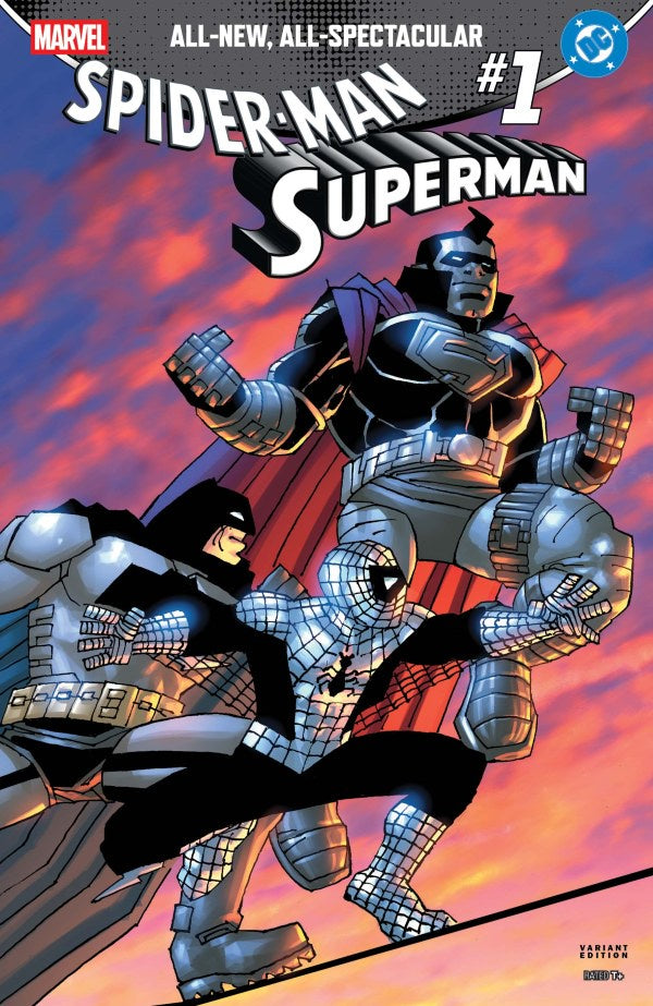 Comic book cover featuring Spider-Man and Superman with a dynamic pose against a colorful background.