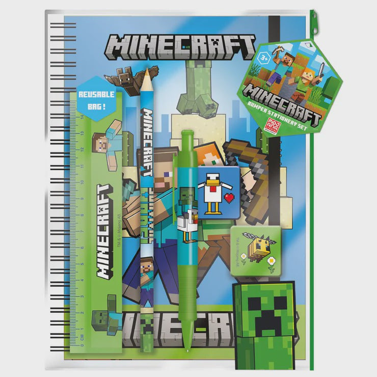 Minecraft-themed stationery set with notebook, pen, and ruler on a white background