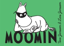 A white creature wearing an eye mask reading a book sitting on top of the text 'Moomin'