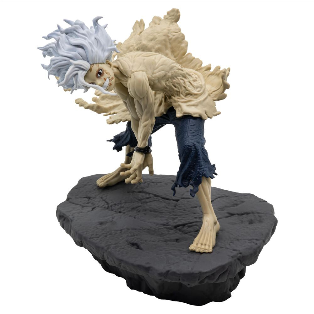 Statue of a character with white hair and blue clothing on a black base