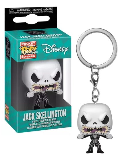 A vinyl keychain of Jack Skellington from The Nightmare Before Christmas with a Scary Face, packaged in a window box with the Funko and Disney logos.