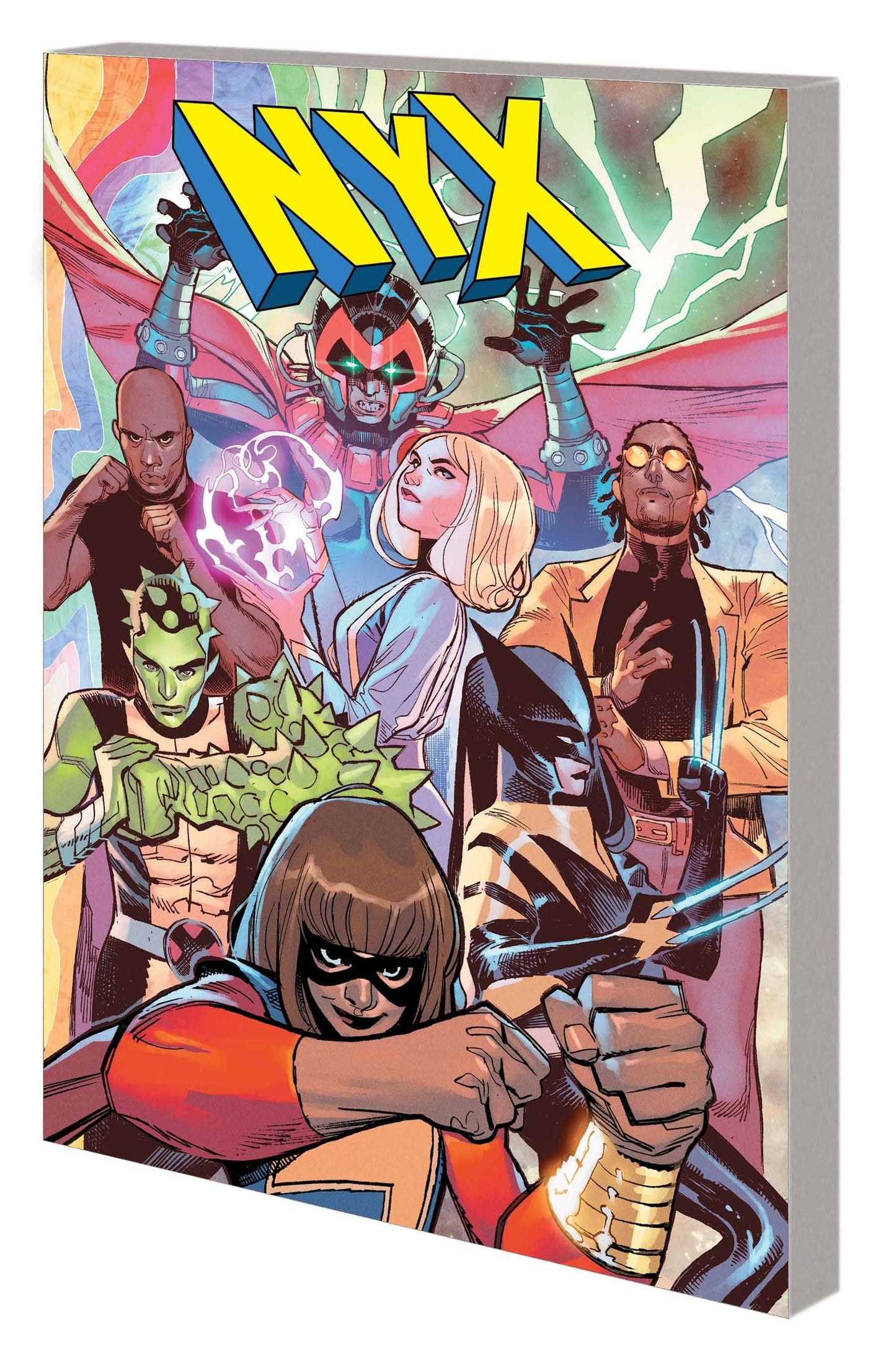 Comic book cover featuring characters with the title 'NYX' on a colorful background