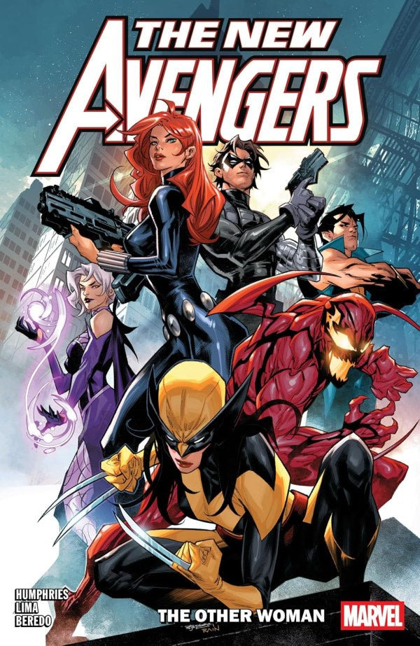 Comic book cover for The New Avengers: The Other Woman, featuring multiple Marvel superheroes including Black Widow, Clea, Carnage, Namor, The Winter Soldier and Wolverine in a dynamic city scene with large title text at the top and a Marvel logo at the bottom right.