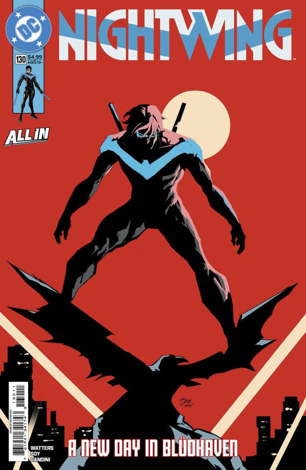 Comic book cover of Nightwing with a red background and superhero silhouette.