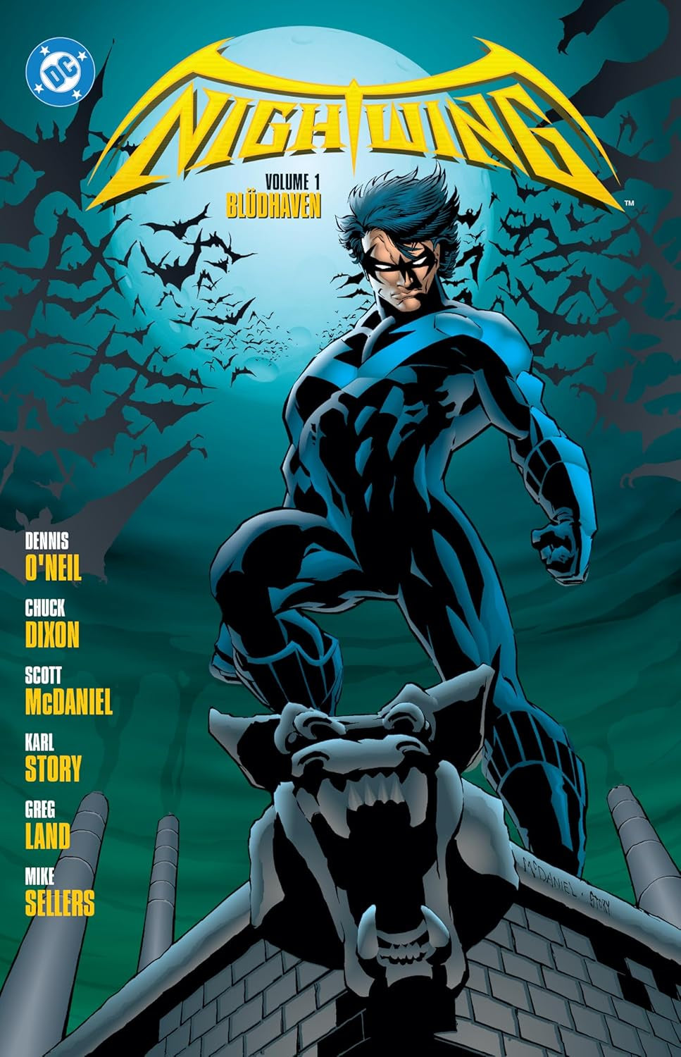 Comic book cover of Nightwing with character on a rooftop and moonlit background