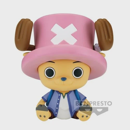 Chopper figurine from One Piece, standing 11cm tall, with a pink hat, antlers, and a blue jacket.