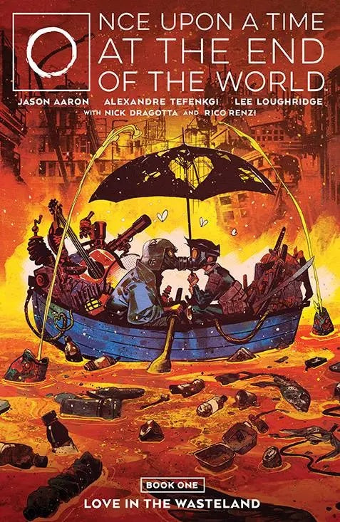 Comic book cover titled 'Once Upon a Time at the End of the World' with a boat and umbrella scene.