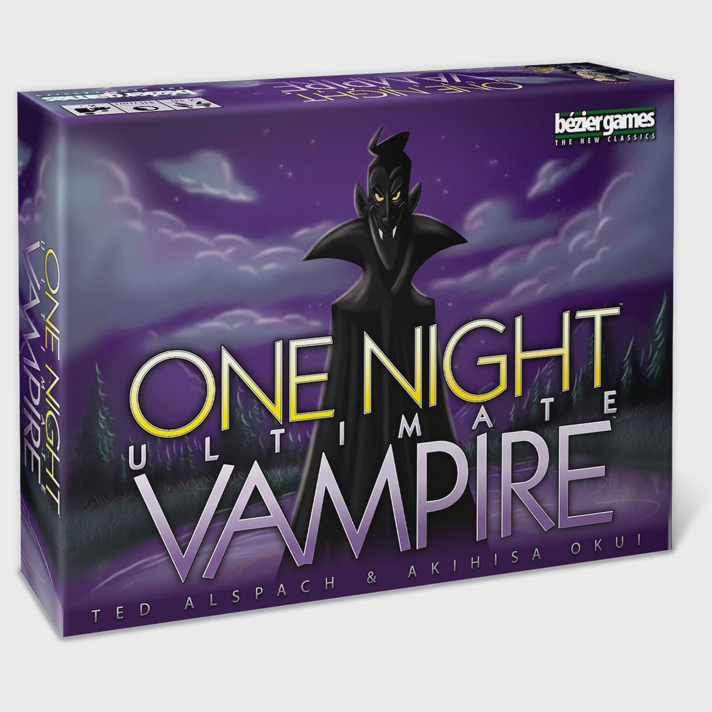 Board game box for 'One Night Ultimate Vampire' with a vampire illustration on a purple background.